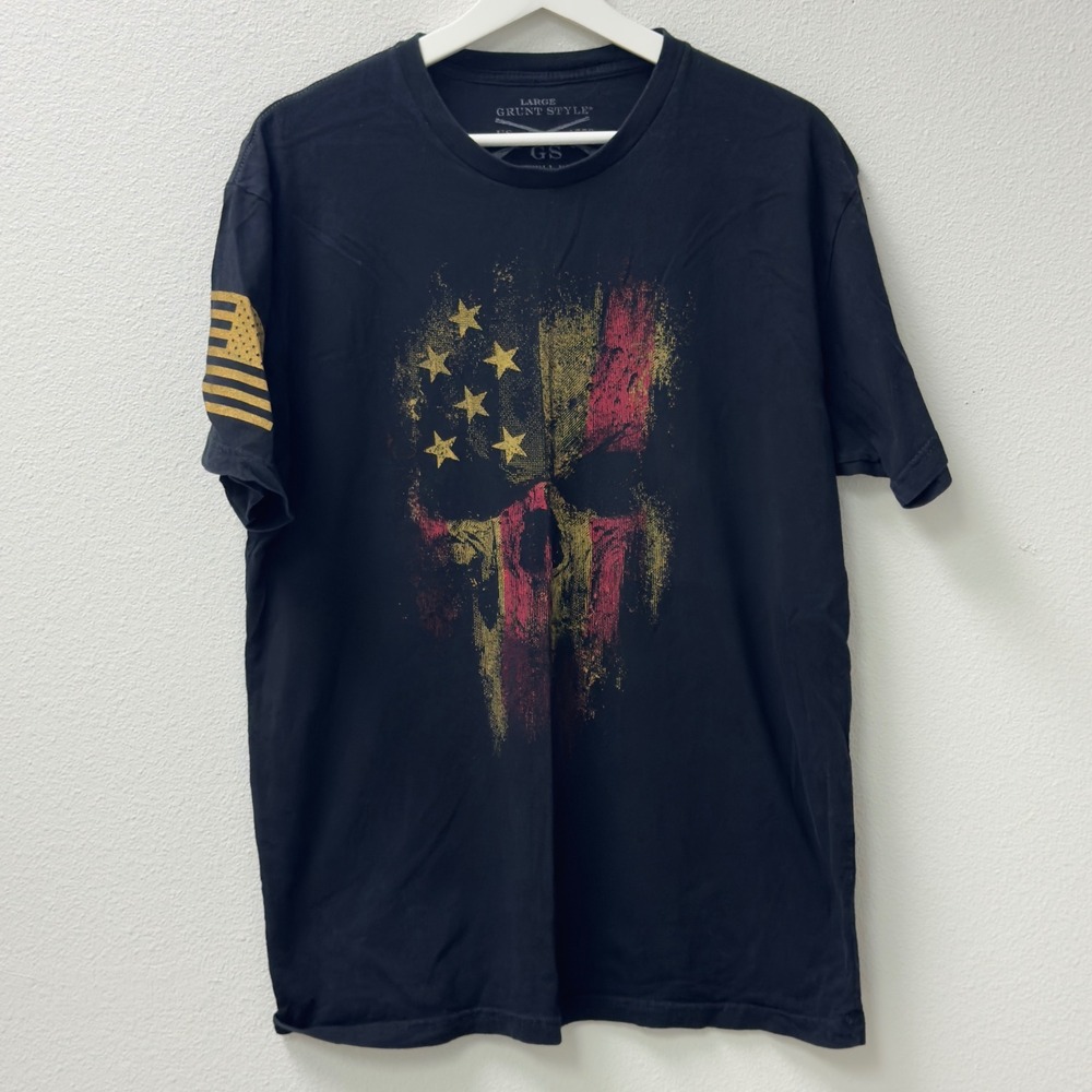 Grunt Style‎ T Shirt Mens Large Black Distressed Skull Flag Graphic USA Military